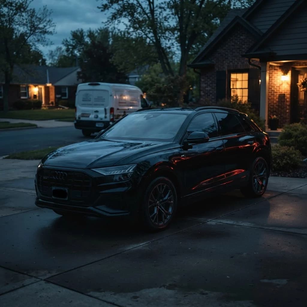 Freshly detailed black SUV on a driveway at dusk in Lawrence, Kansas