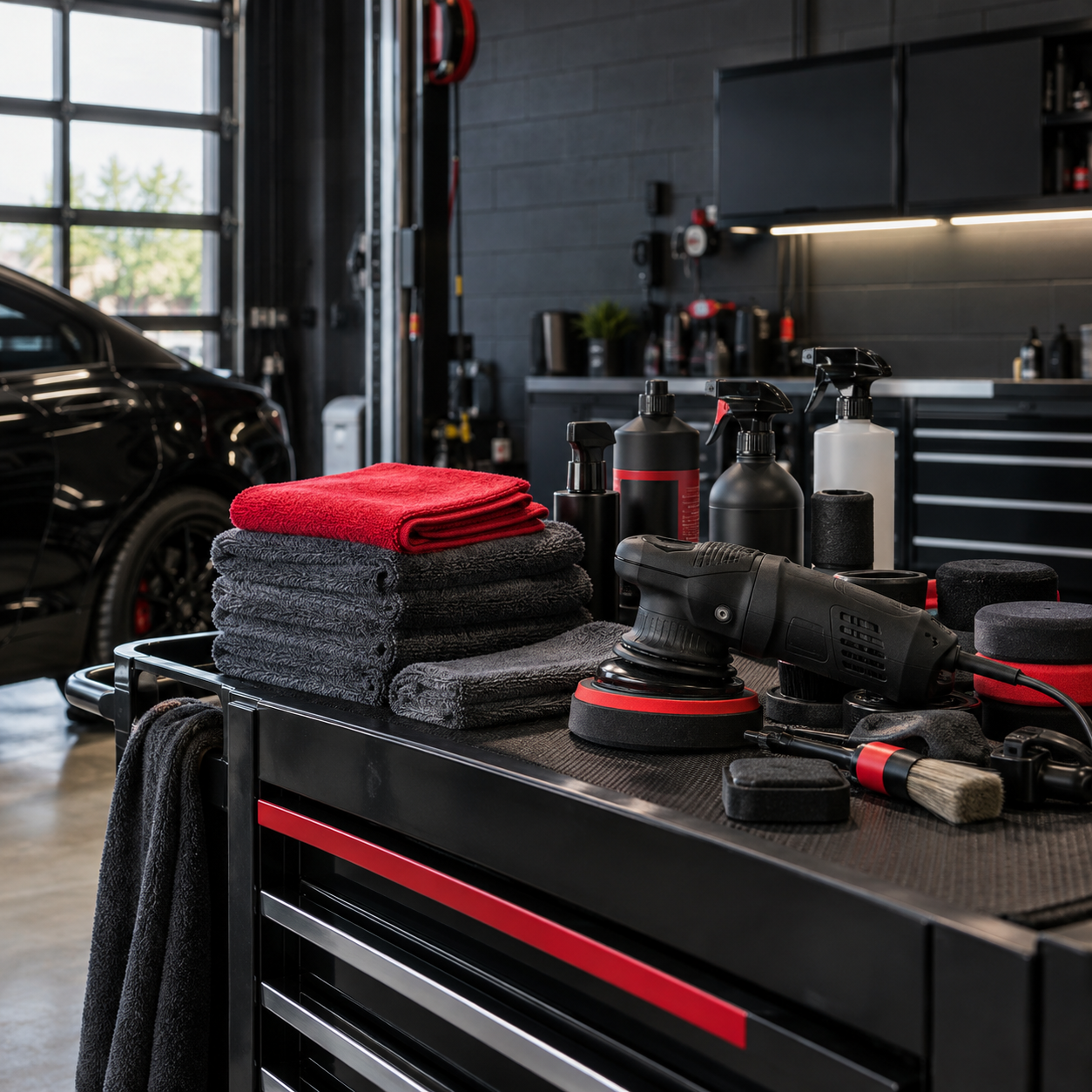 Professional auto detailing workshop with microfiber towels, polishers, brushes, and detailing products
