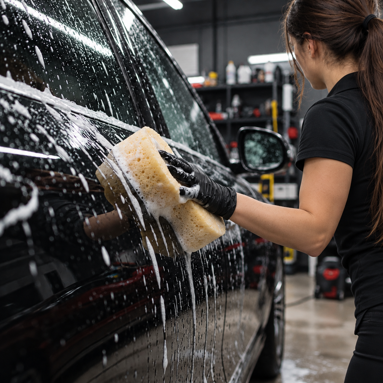 Detailer washing a black vehicle with a sudsy sponge in a professional detailing bay