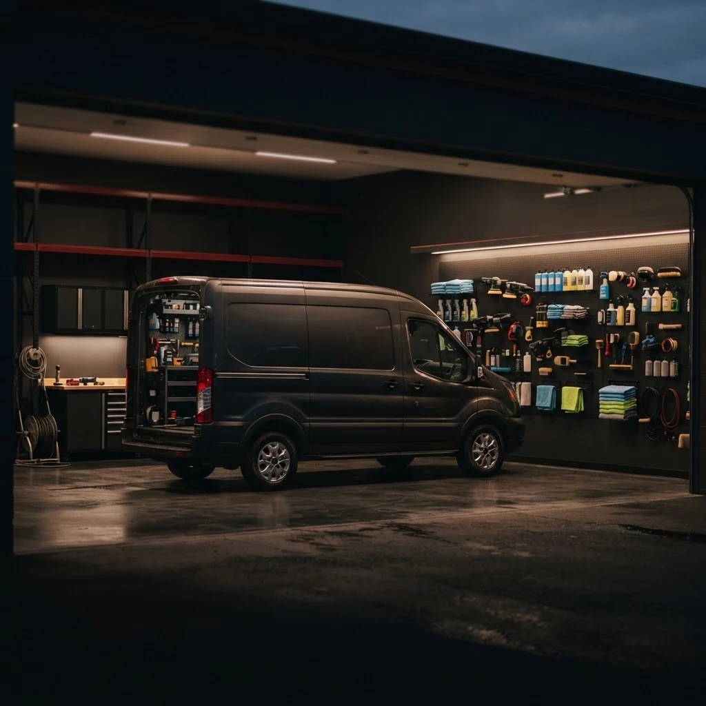 Mobile detailing van and organized tools inside a shop bay