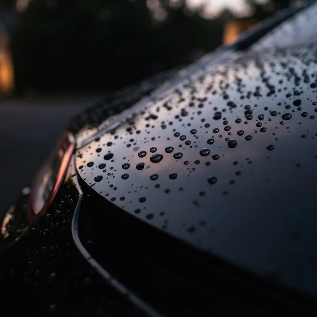 Water beading on a ceramic-coated gloss black hood