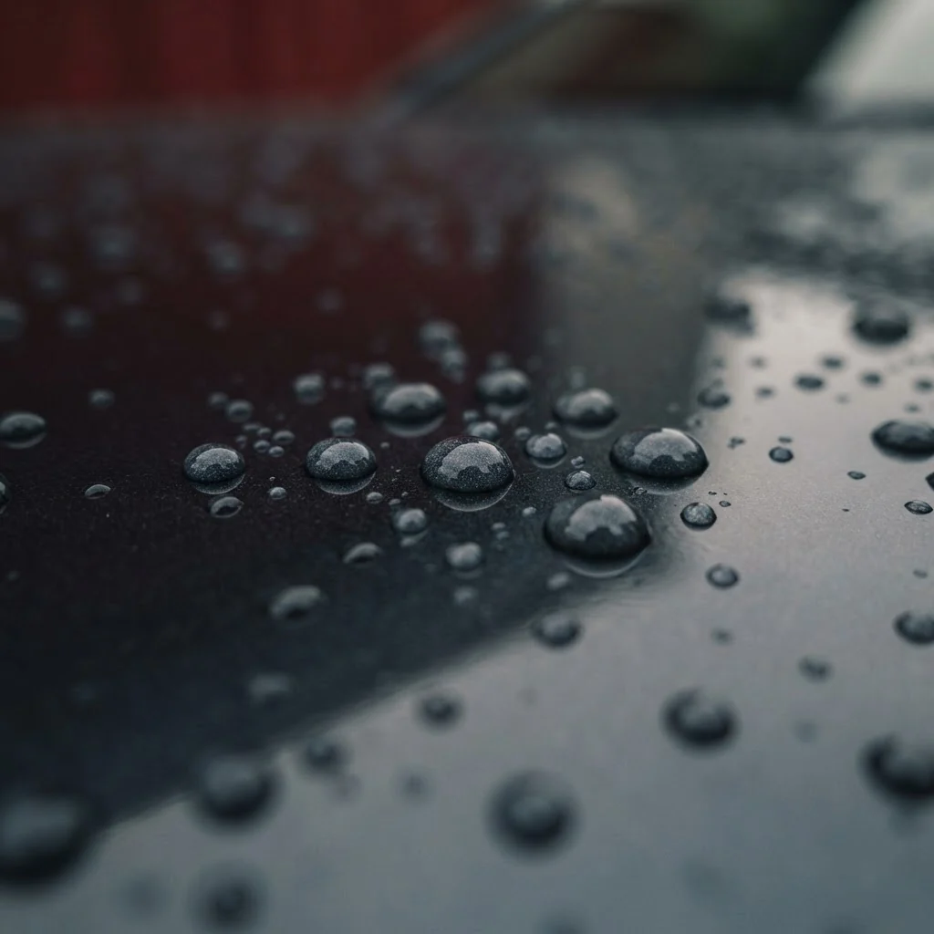Water beading on freshly waxed dark car paint