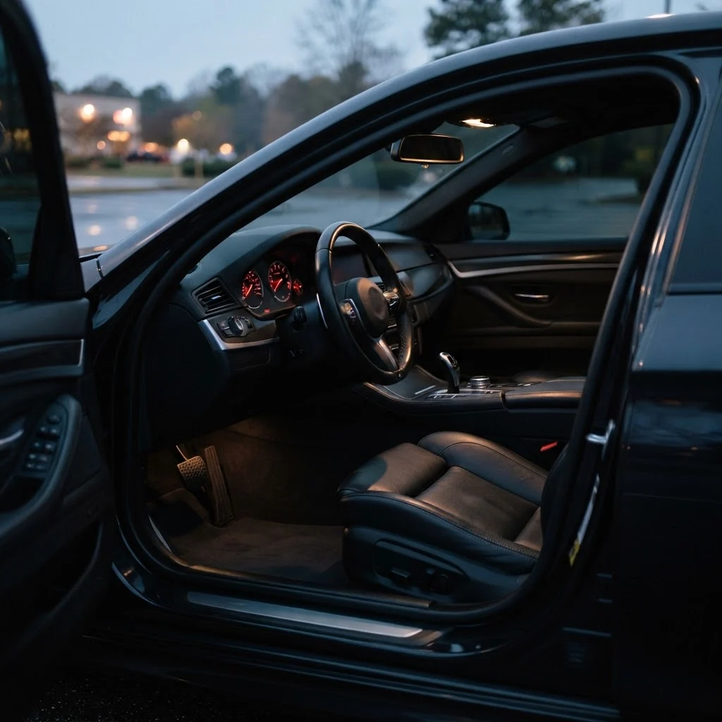 Immaculate freshly detailed black leather car interior at dusk