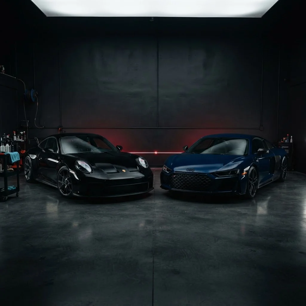 Two freshly detailed vehicles side by side in a detailing bay