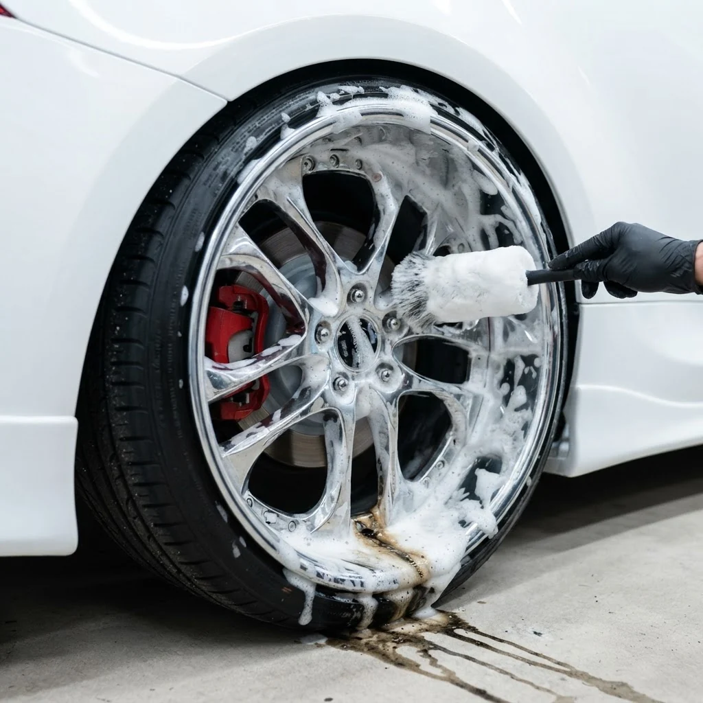 Foam-covered wheel being hand-cleaned during an exterior car detail
