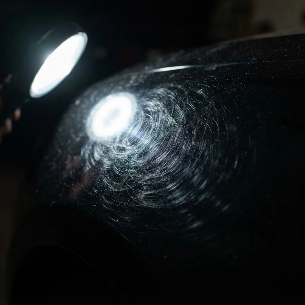 Swirl marks and fine circular scratches in clear coat revealed under inspection light