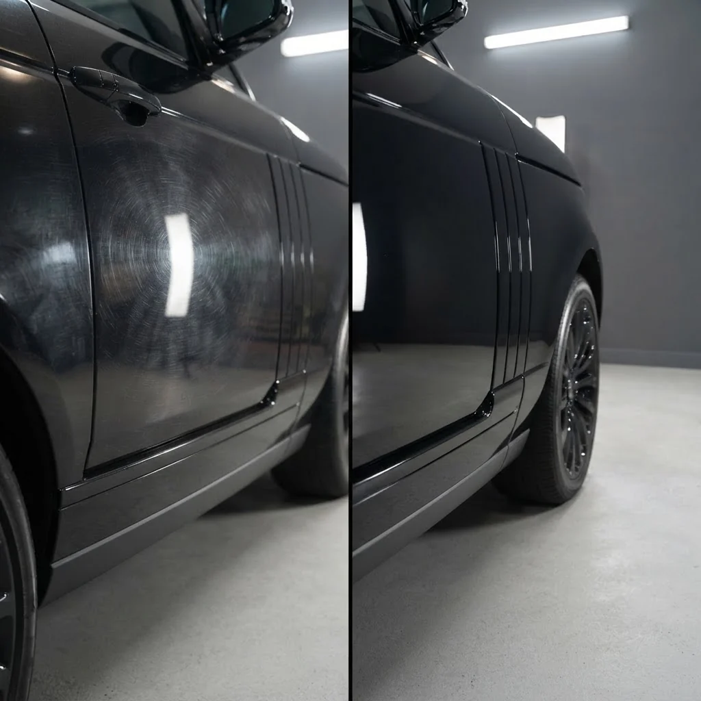 Ferrari paint correction before and after comparison under detailing lights