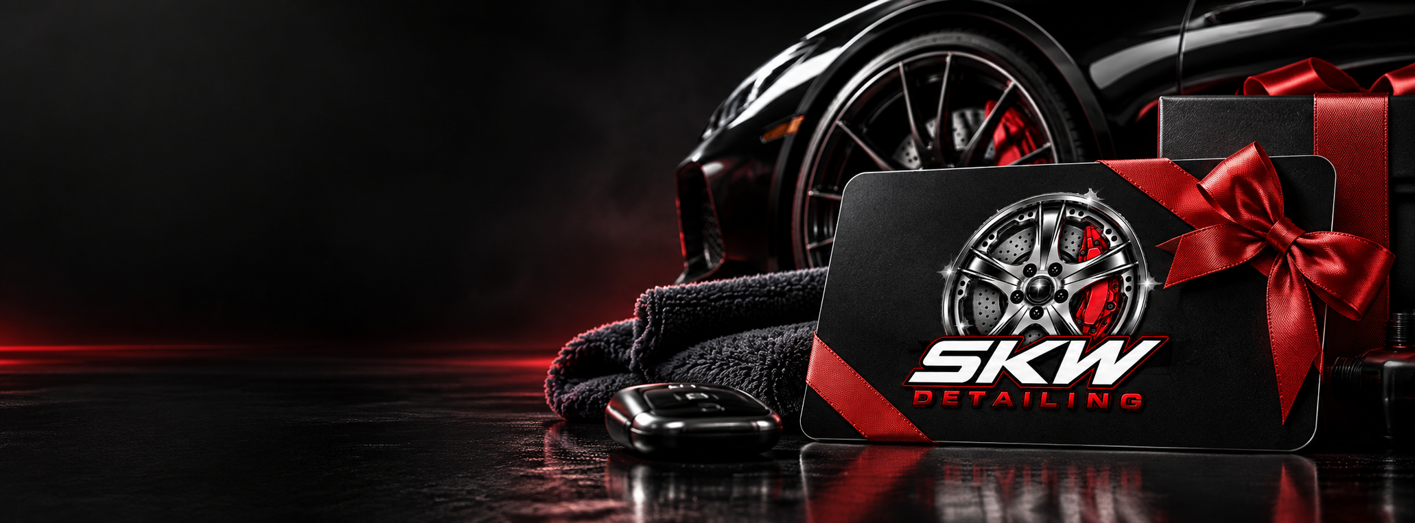 Luxury SKW Detailing gift card and gift set with red ribbon, towels, car wheel, and keys
