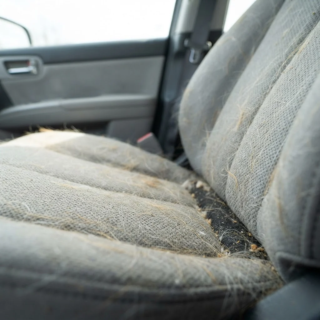Dog hair woven deep into a light grey cloth car seat