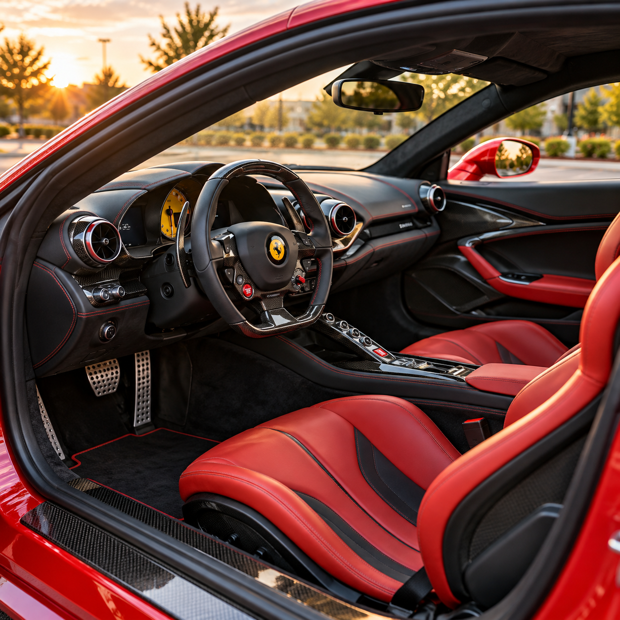 Luxury Interior Maintenance Detailing in Lawrence, Kansas — SKW Detailing Ferrari-inspired red leather car interior at sunset after professional detailing